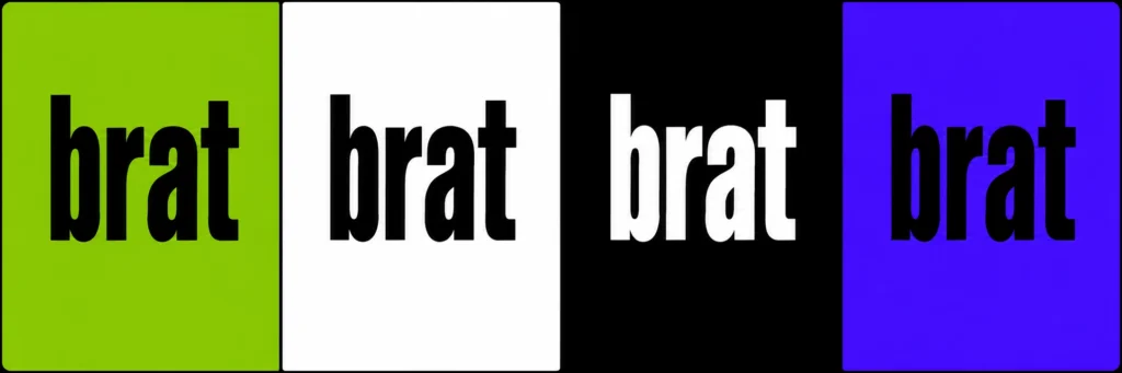 Colour presets shown when you learn how to use brat generator: brat text in green, white, black and blue